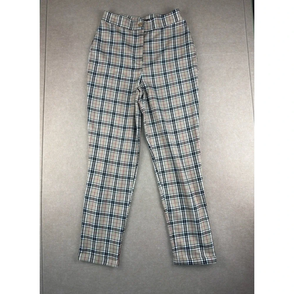 Nasty Gal Pants Womens US Size 6‎ Beige Plaid High Rise UK Made